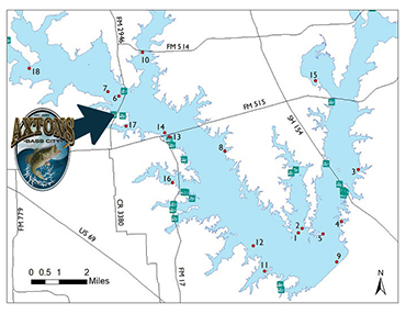 Map of Lake Fork in Emory, Texas and logo of Axton's Bass City indicating location on the map