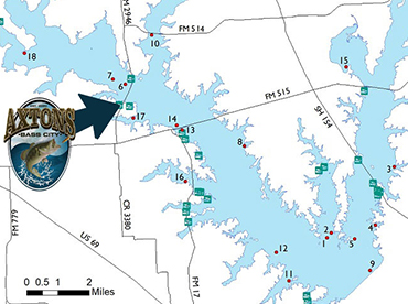 Map of Lake Fork in Emory, Texas and logo of Axton's Bass City indicating location on the map